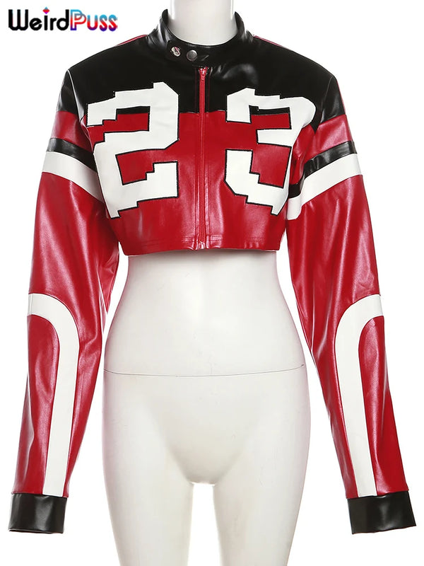Trendy Faux Leather Varsity Jacket